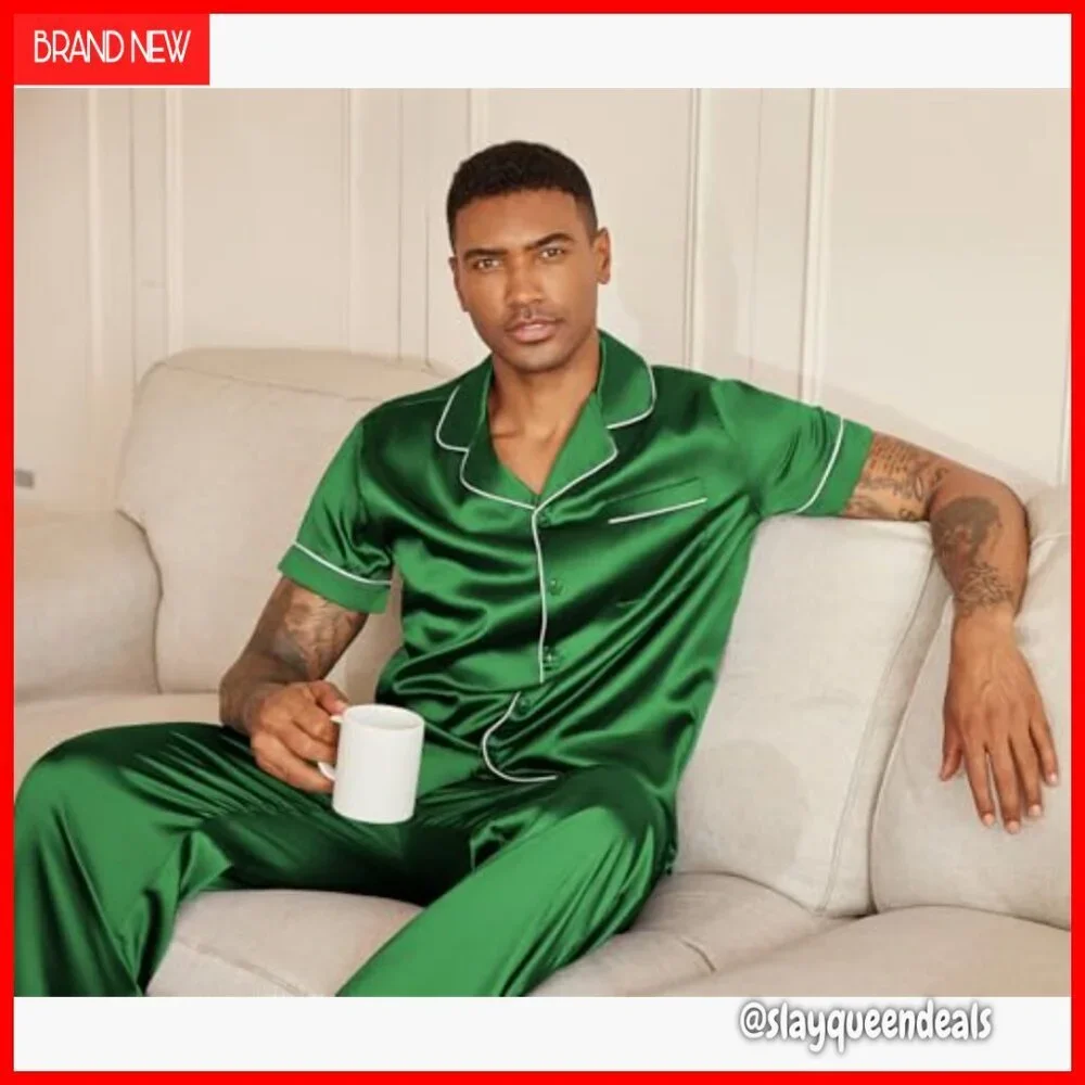 Men's Satin Pajama Set Short Sleeve Button Down Sleepwear Lounge Set Large